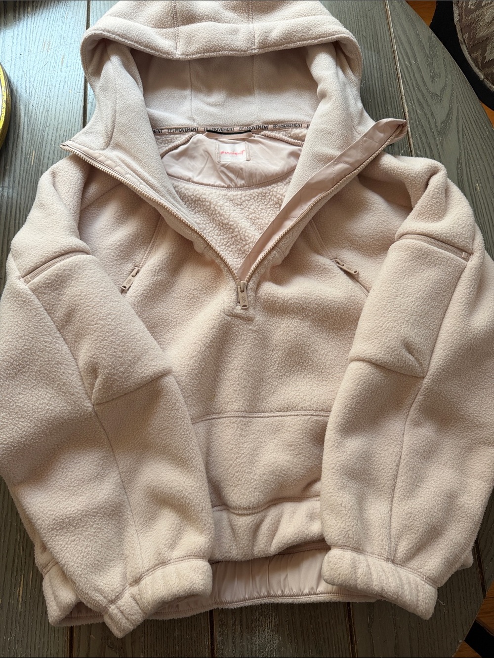 Free People Cream/pink Teddy Fleece Half-Zip Hooded Jacket